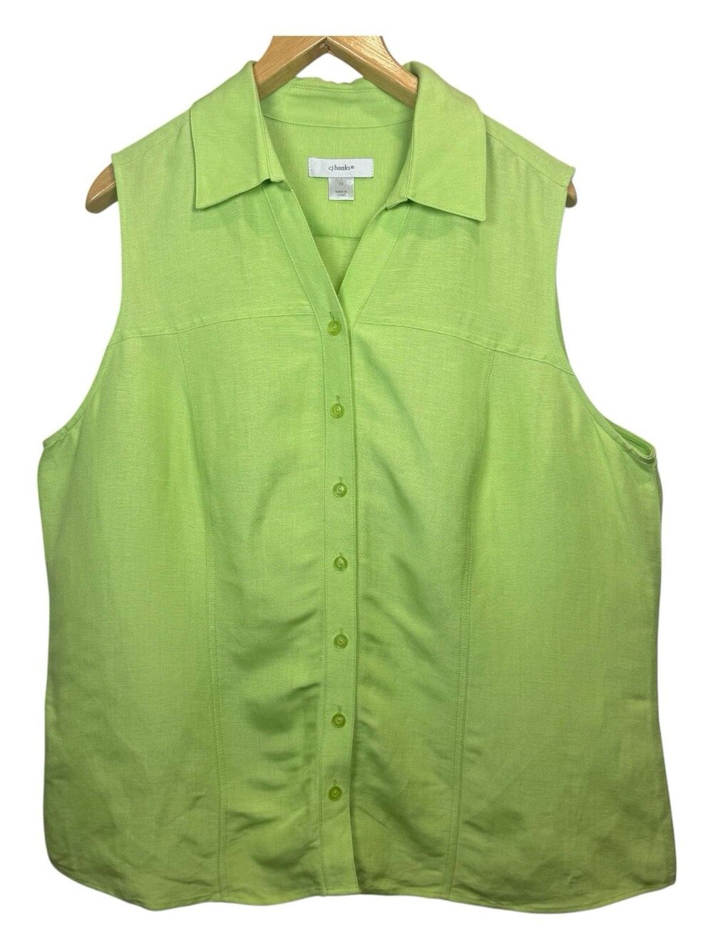 CJ Banks Linen Blend Shirt Size 1X Sleeveless Green Linen Blend